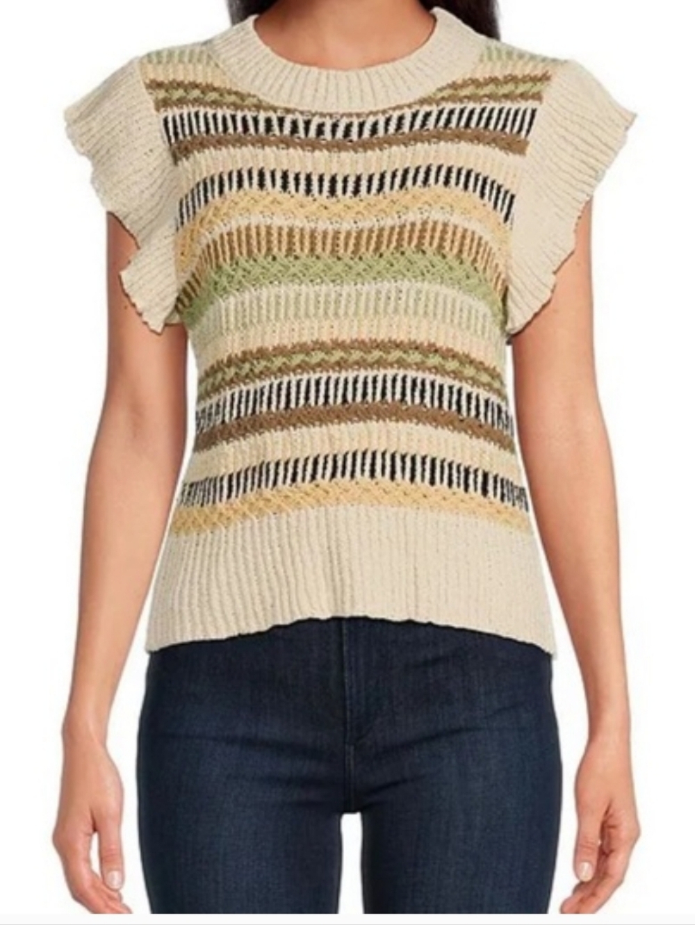 Elan Stripe Crochet Knit Cap Sleeve Shoulder Ruffle Sweater Blouse, Size S